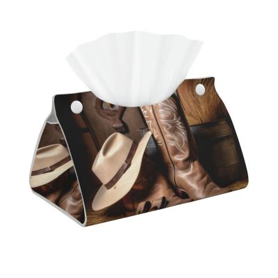 Cowboy Black Hat Western Boots Printed Tissue Box Cover | Stylish Leather Tissue Paper Holder for Home Hotel Car Office Decor