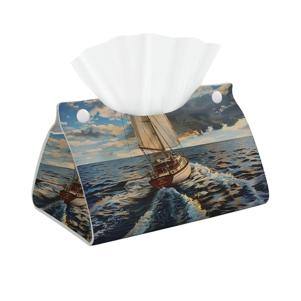 Ocean Sailboat Printed Tissue Box Cover | Stylish Leather Tissue Paper Holder for Home Hotel Car Office Decor