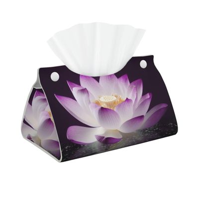 Beautiful Purple Lotus Flower Printed Tissue Box Cover | Stylish Leather Tissue Paper Holder for Home Hotel Car Office Decor
