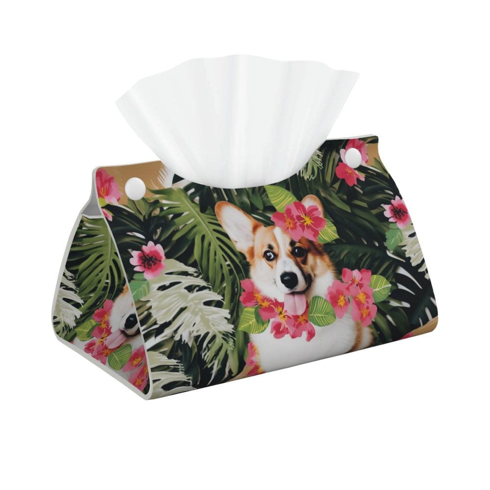 Tropical Flower and Corgi 2 Printed Tissue Box Cover | Stylish Leather Tissue Paper Holder for Home Hotel Car Office Decor