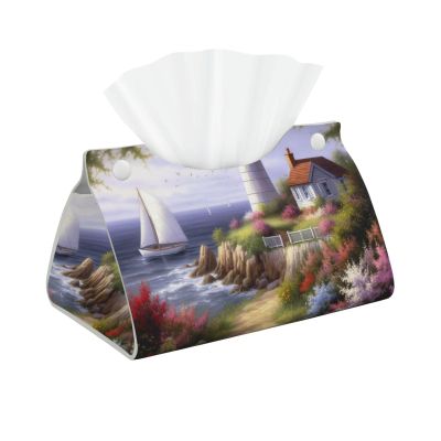 Lighthouse Diamond Painting Printed Tissue Box Cover | Stylish Leather Tissue Paper Holder for Home Hotel Car Office Decor