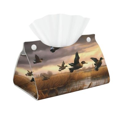 Hunting Flying Wild Ducks Printed Tissue Box Cover | Stylish Leather Tissue Paper Holder for Home Hotel Car Office Decor