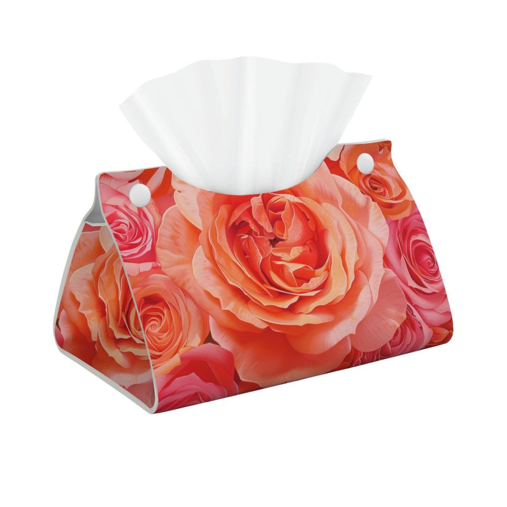 Orange Red Rose Printed Tissue Box Cover | Stylish Leather Tissue Paper Holder for Home Hotel Car Office Decor
