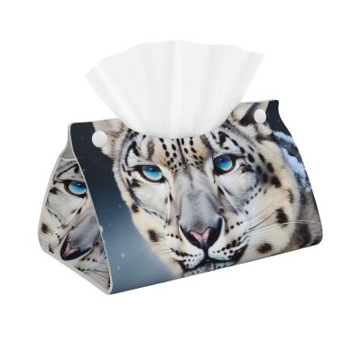Blue Eyed Snow Leopard Printed Tissue Box Cover | Stylish Leather Tissue Paper Holder for Home Hotel Car Office Decor