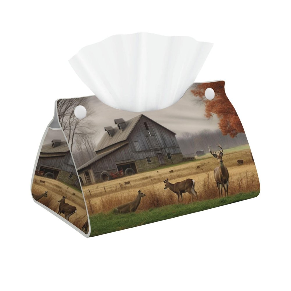 Farm with Deer Printed Tissue Box Cover | Stylish Leather Tissue Paper Holder for Home Hotel Car Office Decor