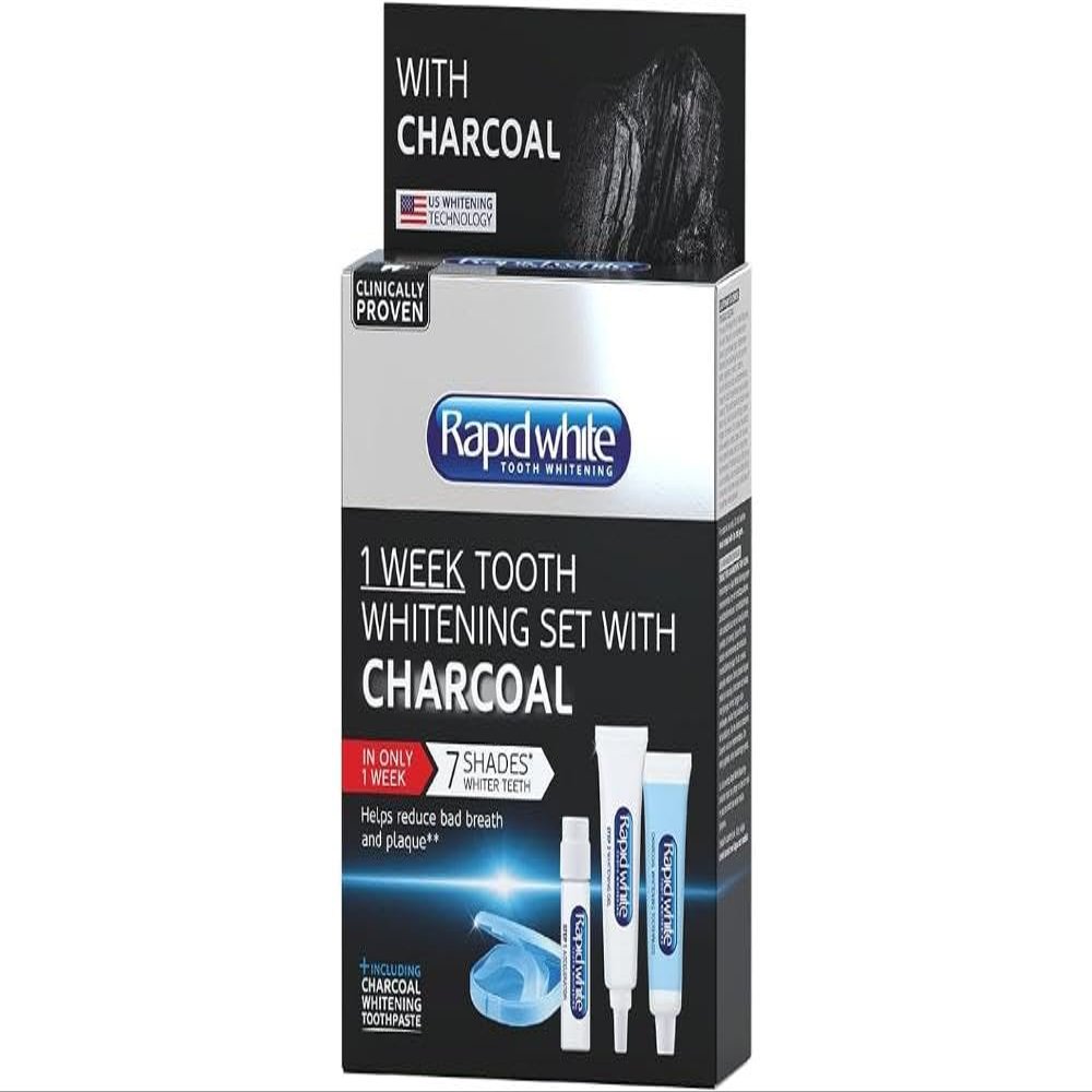 Rapid White 1 Week Tooth Whitening Set with Charcoal  7 Shades Whiter in 1 Week  Helps Reduce Bad Breath & Plaque - Clinically Proven