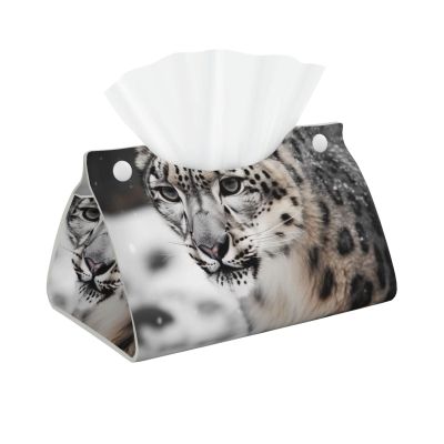 Snow Leopard Printed Tissue Box Cover | Stylish Leather Tissue Paper Holder for Home Hotel Car Office Decor