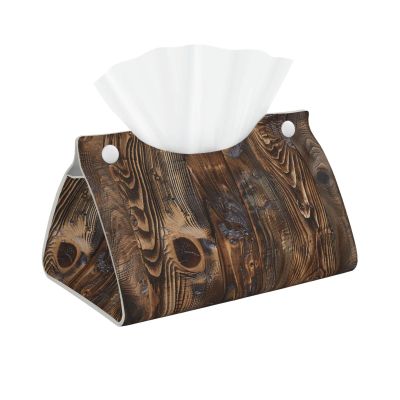 Brown Wood Printed Tissue Box Cover | Stylish Leather Tissue Paper Holder for Home Hotel Car Office Decor