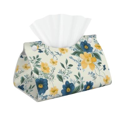 Blue Flower Yellow Floral Pattern Printed Tissue Box Cover | Stylish Leather Tissue Paper Holder for Home Hotel Car Office Decor