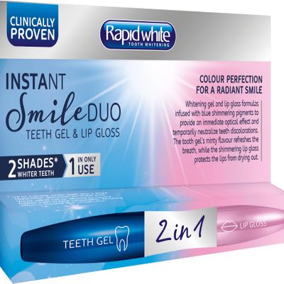 Rapid White Instant Smile Duo Teeth Whitening Gel & Lip Gloss |2 Shades Whiter in 1 Use | Neutralises Teeth Discoloration | Suitable for Sensitive Teeth | Lip Gloss Protect Lips Drying Out