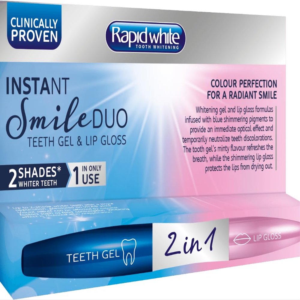 Rapid White Instant Smile Duo Teeth Whitening Gel & Lip Gloss |2 Shades Whiter in 1 Use | Neutralises Teeth Discoloration | Suitable for Sensitive Teeth | Lip Gloss Protect Lips Drying Out
