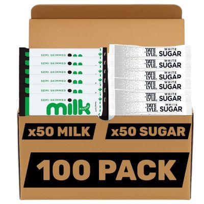 100 Sachets Bundle: Long Life Semi Skimmed Milk & Sugar Sticks, 50x Individual Milk and 50x Sugar Portions for Coffee, Tea  Ideal for Office, Travel, Camping & Home Use