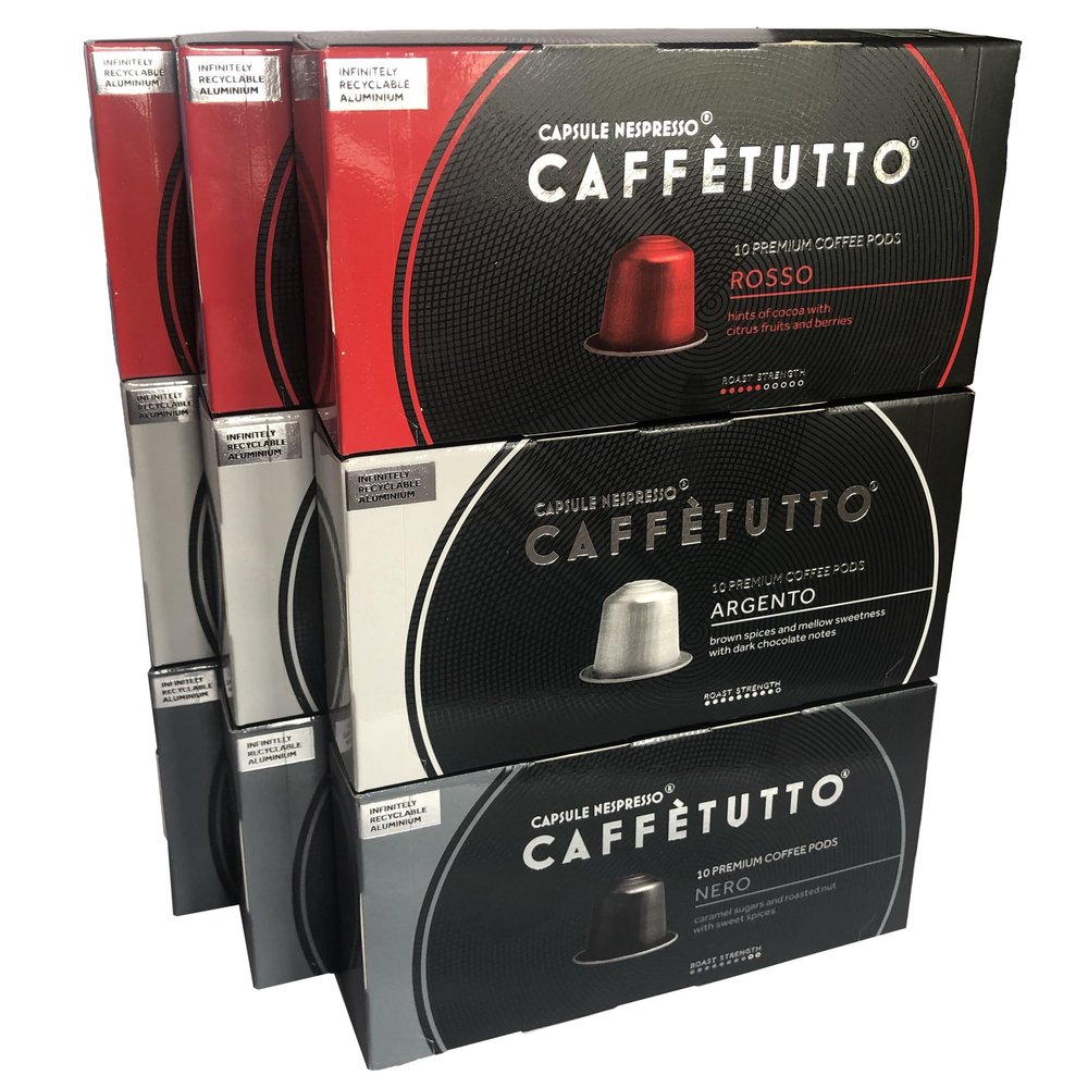 Cafftutto VARIETY PACK 4-90 Italian Nespresso Compatible Coffee Pods - Mixed Selection - 30 Rosso, 30 Argento & 30 Nero pods (90 Caffetutto Gourmet Aluminium Nespresso Coffee Capsules)