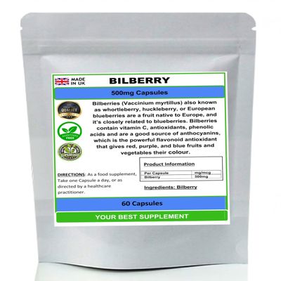 Bilberry Capsules 500mg- Premium Quality (High Strength) Natural No Additives (60)