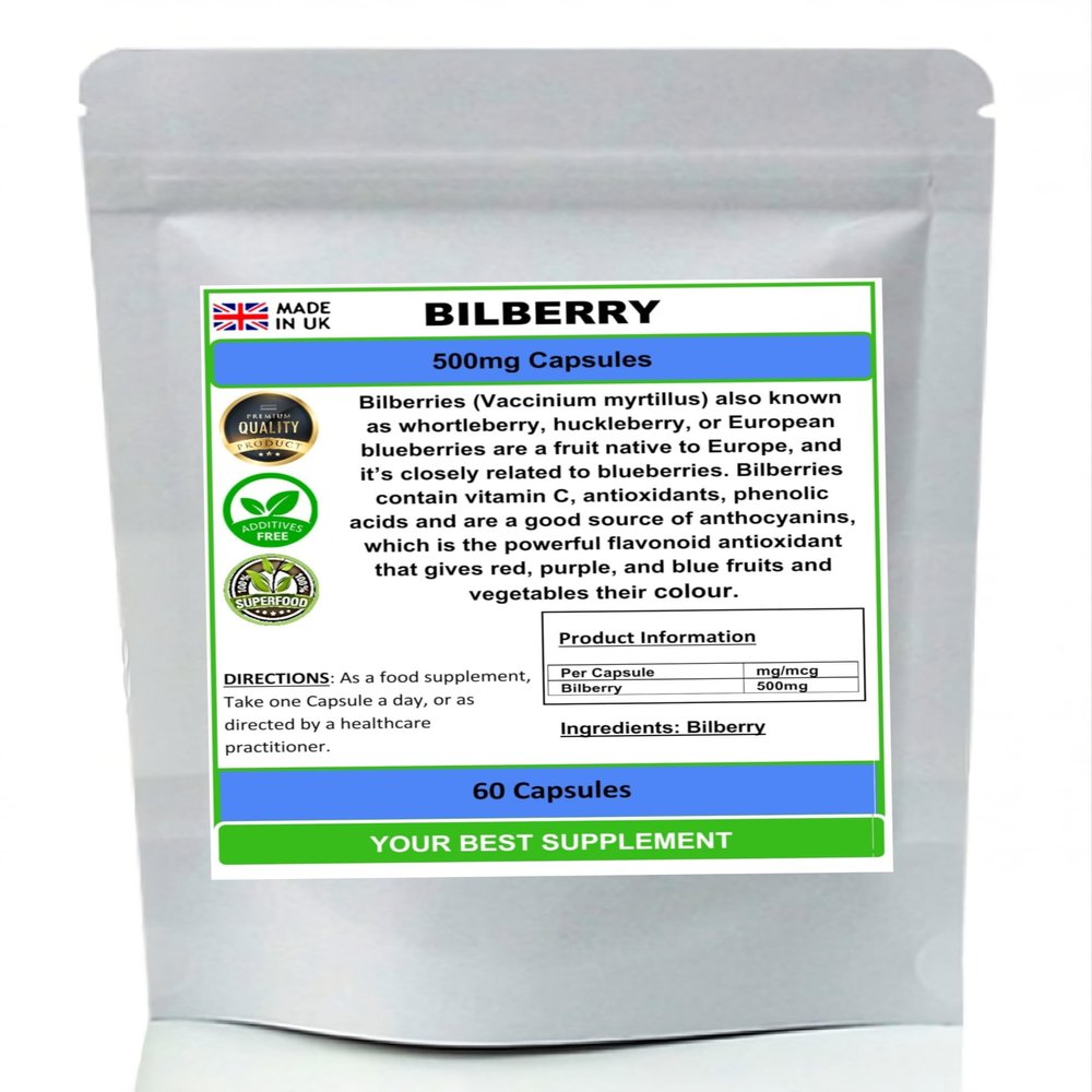 Bilberry Capsules 500mg- Premium Quality (High Strength) Natural No Additives (60)
