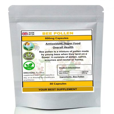 Bee Pollen Capsules 800mg- Natural Minerals,Vitamins, Super-Food (30)
