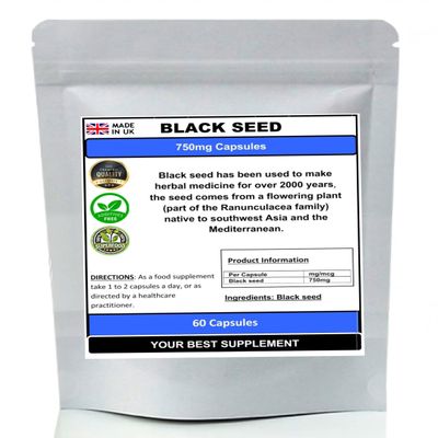 Black Seed (Nigella Sativa) Powder Capsules 750mg- Pure No additves (60)