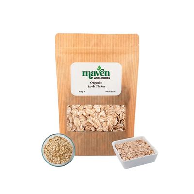 Maven Wholefoods Organic Spelt Flakes 500g | GMO Free | Vegan | Certified Organic | Natural | High Fibre | No Additives | Suitable for Vegetarian | Packed Fresh in Resealable Bag