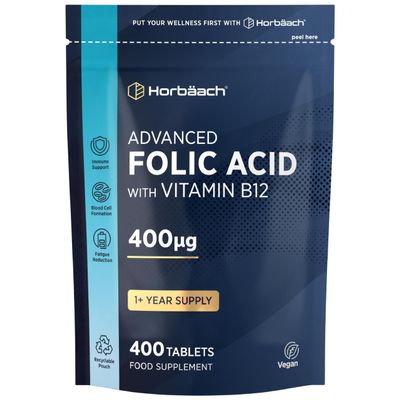 Folic Acid Tablets 400mcg | 400 Count (1+ Year Supply) | with Added 5mcg of Vitamin B12 Cyanocobalamin | Pregnancy Support | Suitable for Vegans | by Horbaach