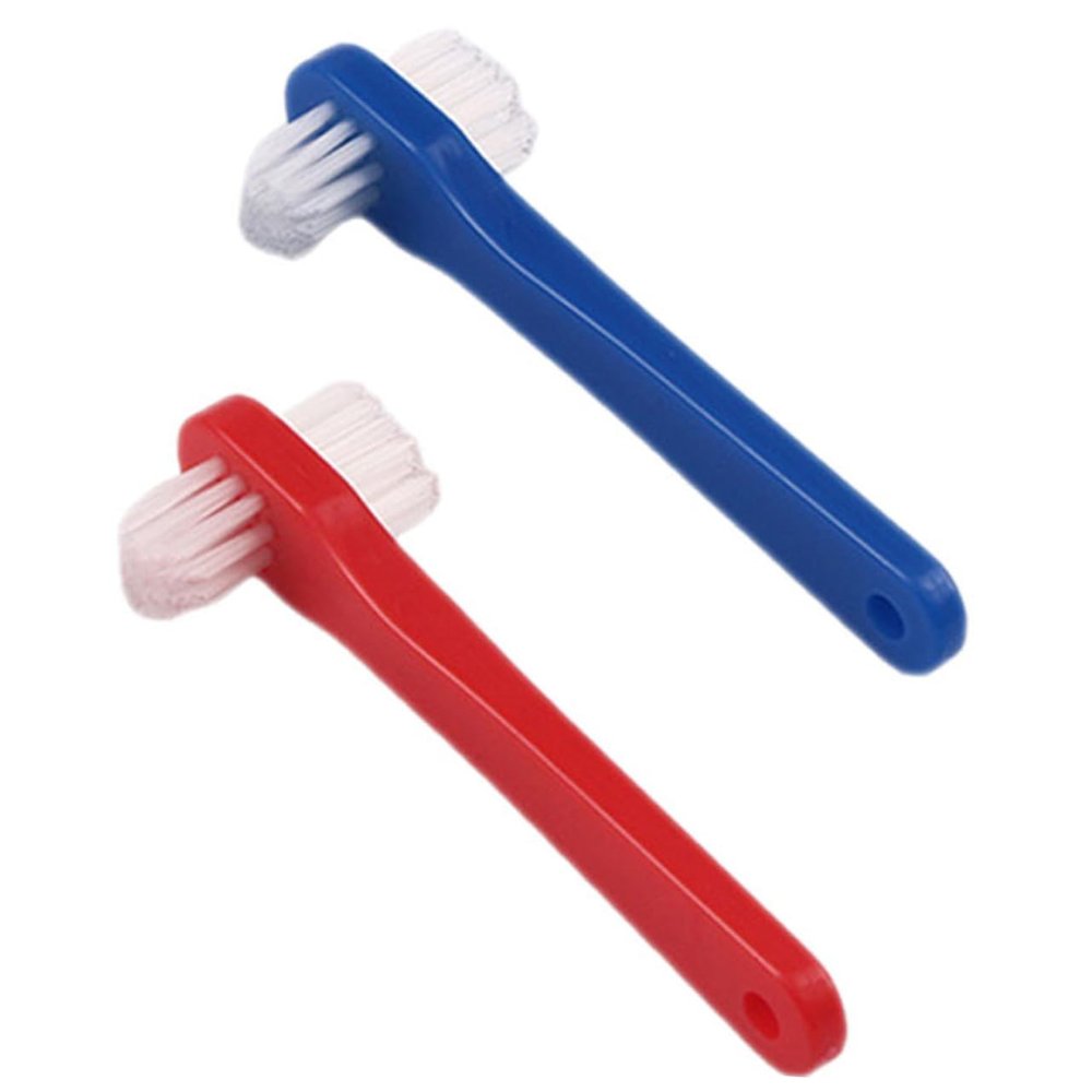 FOYTOKI Double-Head Denture Toothbrush 2pcs Set with Small Heads for Oral Blind Spot Cleaning, Sturdy Dental Brush Tool for Adult False Teeth Care, Blue and Red Colors for Travel and Daily Use
