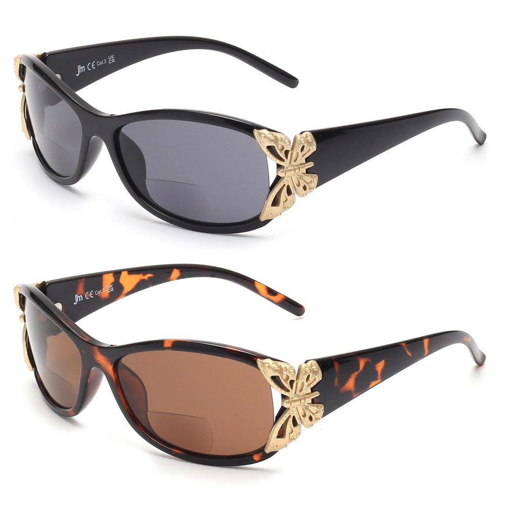 JM 2 Pack Bifocal Reading Sunglasses for Women Fashion Sun Readers Outdoor Reading Glasses UV400 Protection Black & Tortoise +1.25