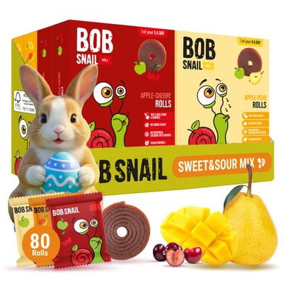 Bob Snail Fruit Roll Ups  Healthy Sweets Snacks, Real Dried Fruits, No Added Sugar, Vegan, Nut Free, Candy for Adults, Kids, with Mango, Pear, Cherry  Bulk 80 pcs Rolls, 800g