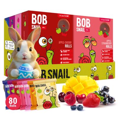 Bob Snail Fruit Roll Ups  Healthy Sweets Snacks, Real Dried Fruits, No Added Sugar, Vegan, Nut Free, Candy for Adults, Kids, with Berry Mix, Mango, Pear, Cherry  Bulk 80 pcs Rolls, 800g