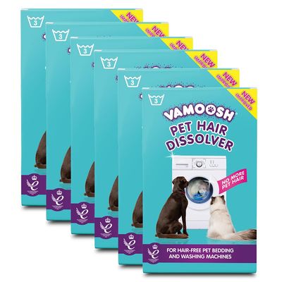 Vamoosh Pet Hair Dissolver- Pet Hair Remover for Washing Machines, 18x100g (6 Boxes) Removes Odour Dissolves Dog, Cat, Horse, Animal Fur, Cleans Bedding in Washing Machine, Easy to Use Up to 18 Washes