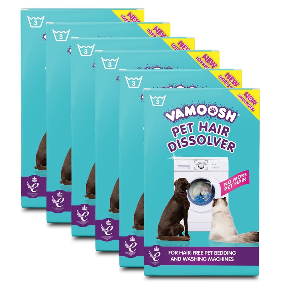 Vamoosh Pet Hair Dissolver- Pet Hair Remover for Washing Machines, 18x100g (6 Boxes) Removes Odour Dissolves Dog, Cat, Horse, Animal Fur, Cleans Bedding in Washing Machine, Easy to Use Up to 18 Washes