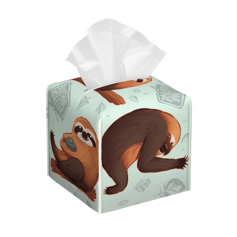 Brown Sloth Printed Tissue Box Cover | Square Leather Tissue Paper Holder for Home Hotel Car Office Decor