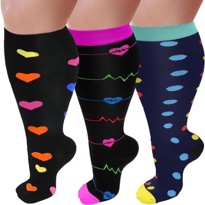 3 Pairs Plus Size Compression Socks for Women and Men Wide Calf 20-30mmhg Extra Large Knee High Support for Circulation, 03-3 Black/Blue/Red, 4X-Large