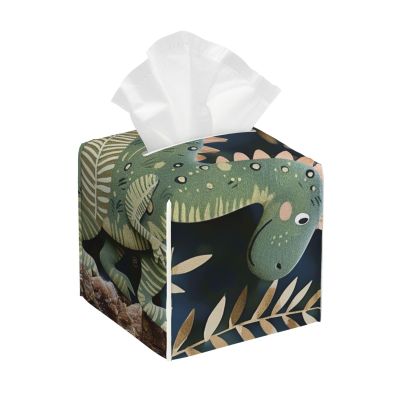 Cute Dinosaur Printed Tissue Box Cover | Square Leather Tissue Paper Holder for Home Hotel Car Office Decor