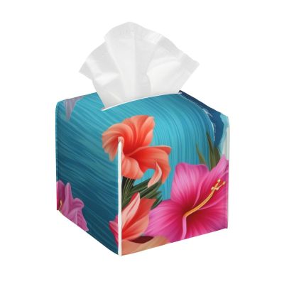 Hawaii Hibiscus Flower Printed Tissue Box Cover | Square Leather Tissue Paper Holder for Home Hotel Car Office Decor