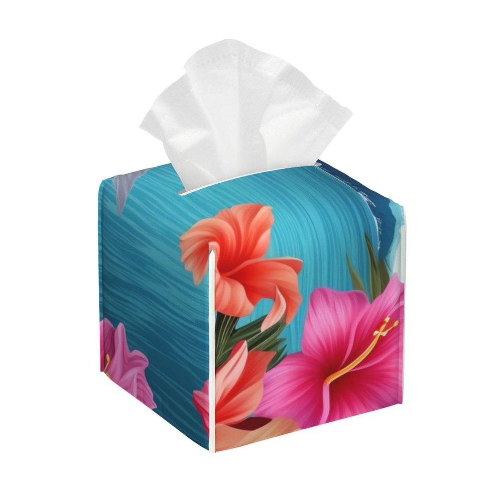 Hawaii Hibiscus Flower Printed Tissue Box Cover | Square Leather Tissue Paper Holder for Home Hotel Car Office Decor