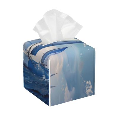 Ocean Sailing Printed Tissue Box Cover | Square Leather Tissue Paper Holder for Home Hotel Car Office Decor