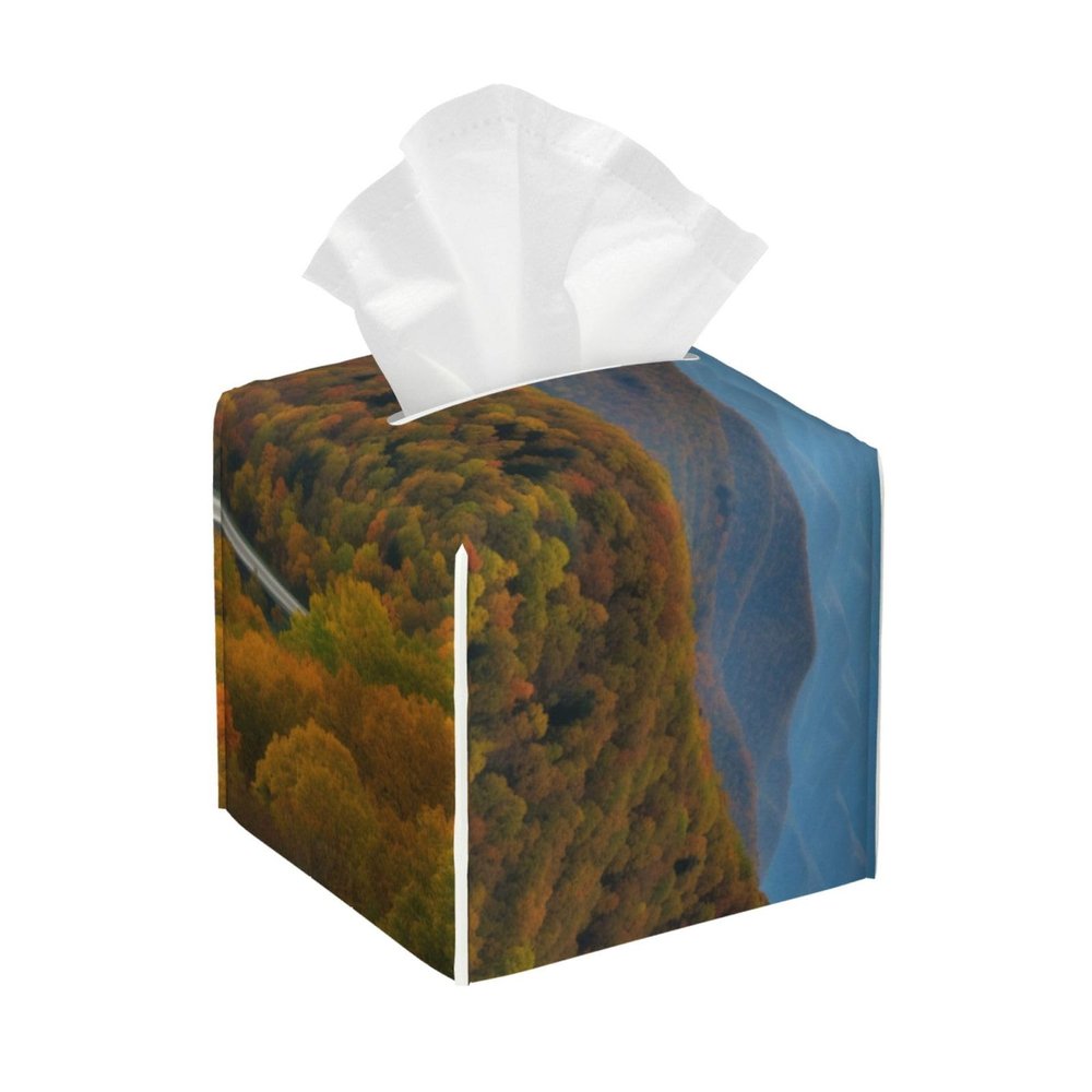 Blue Ridge Parkway Mountains Printed Tissue Box Cover | Square Leather Tissue Paper Holder for Home Hotel Car Office Decor