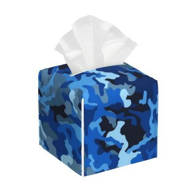 Blue Camo Printed Tissue Box Cover | Square Leather Tissue Paper Holder for Home Hotel Car Office Decor