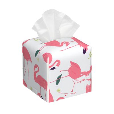 Cartoon Flamingo Pattern Printed Tissue Box Cover | Square Leather Tissue Paper Holder for Home Hotel Car Office Decor