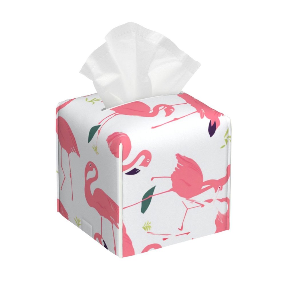 Cartoon Flamingo Pattern Printed Tissue Box Cover | Square Leather Tissue Paper Holder for Home Hotel Car Office Decor