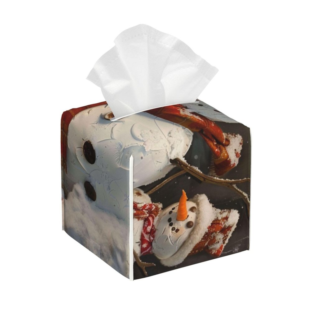 Xmas Snowman Printed Tissue Box Cover | Square Leather Tissue Paper Holder for Home Hotel Car Office Decor