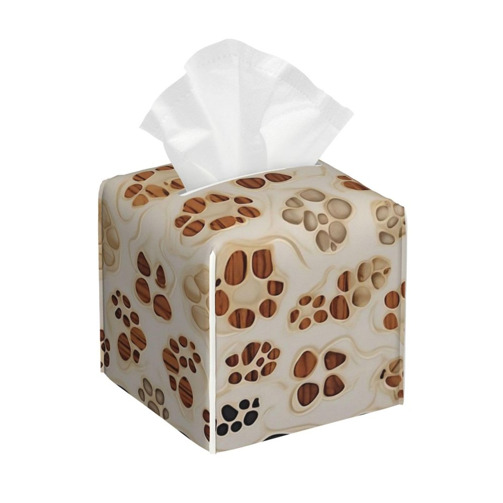 Bone and Footprint Printed Tissue Box Cover | Square Leather Tissue Paper Holder for Home Hotel Car Office Decor