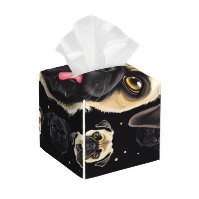 Black Yellow Pug Printed Tissue Box Cover | Square Leather Tissue Paper Holder for Home Hotel Car Office Decor
