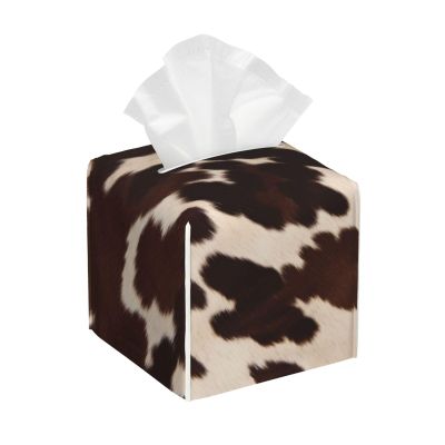 Brown Cowhide Printed Tissue Box Cover | Square Leather Tissue Paper Holder for Home Hotel Car Office Decor