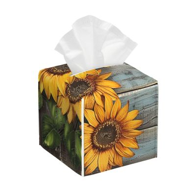 Sunflowers Wooden Board Printed Tissue Box Cover | Square Leather Tissue Paper Holder for Home Hotel Car Office Decor