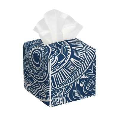 Blue Polynesian Maori Tribal Pattern Printed Tissue Box Cover | Square Leather Tissue Paper Holder for Home Hotel Car Office Decor