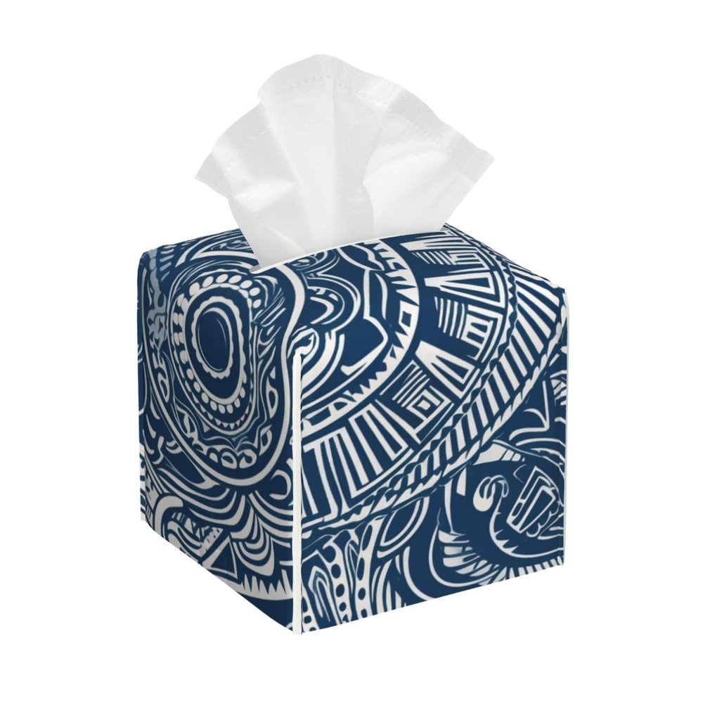Blue Polynesian Maori Tribal Pattern Printed Tissue Box Cover | Square Leather Tissue Paper Holder for Home Hotel Car Office Decor