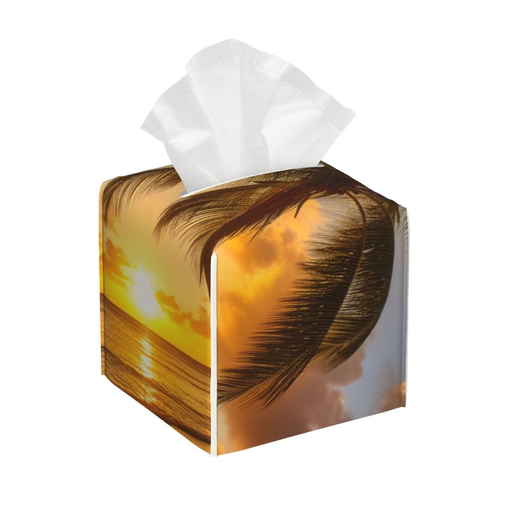 Sunset Hawaiian Palm Tree Printed Tissue Box Cover | Square Leather Tissue Paper Holder for Home Hotel Car Office Decor