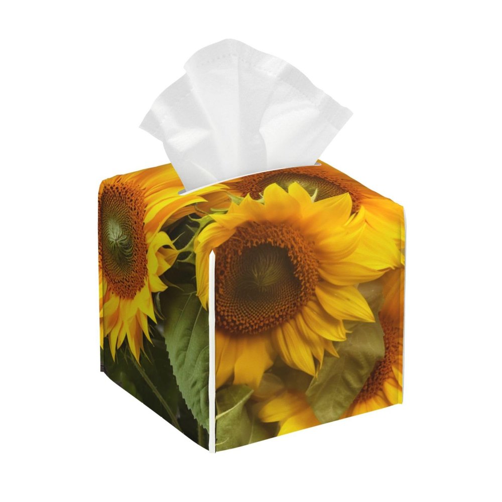 Plants Theme Sunflower Printed Tissue Box Cover | Square Leather Tissue Paper Holder for Home Hotel Car Office Decor
