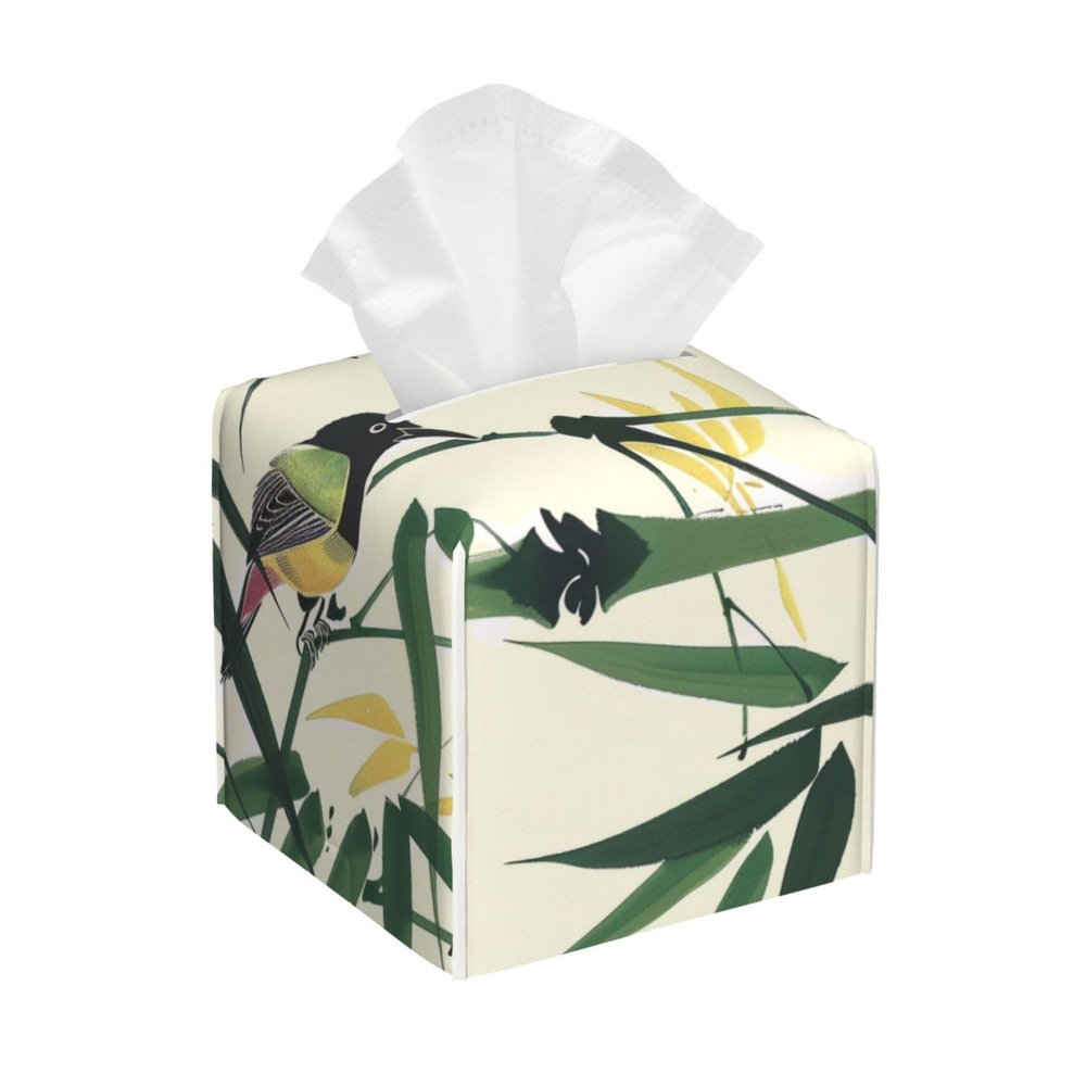 Birds Landed On Bamboo Printed Tissue Box Cover | Square Leather Tissue Paper Holder for Home Hotel Car Office Decor