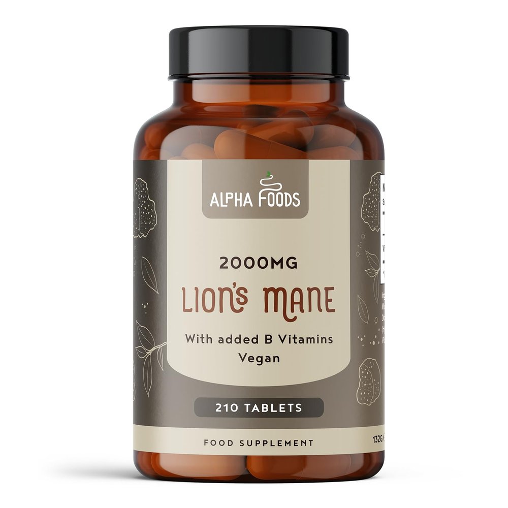 Lions Mane Mushroom Extract Supplement 2000mg | 210 High Strength Vegan Tablets with Black Pepper | High Potency Mushroom + B Vitamins B1-B2-B3-B5-B6 | Support Brain & Mental Performance | Alpha Foods